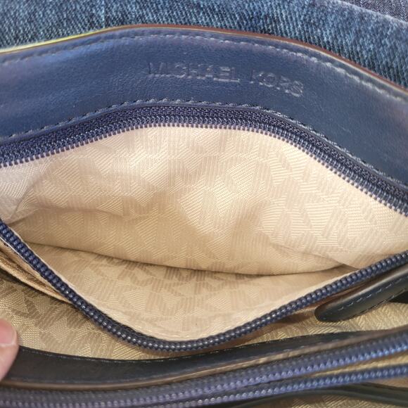 Michael Kors Sloan Denim Crossbody Shoulder Bag Blue Chevron Fringe Patchwork - Picture 11 of 16